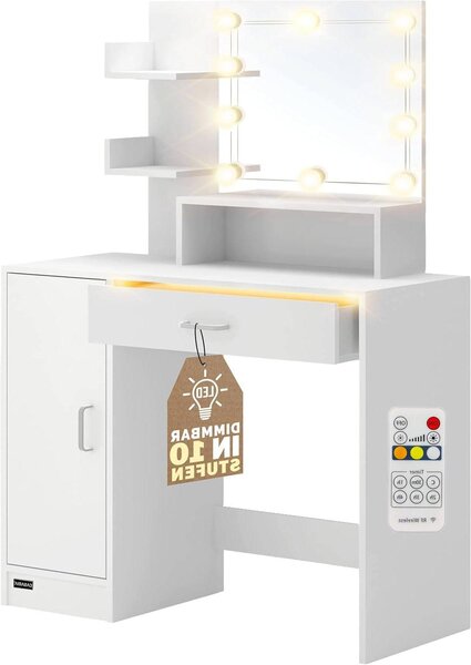 Toaletní stolek – Kosmetický stolek – Stolek na líčení – Bílý, s LED osvětlením, vyrobený z MDF