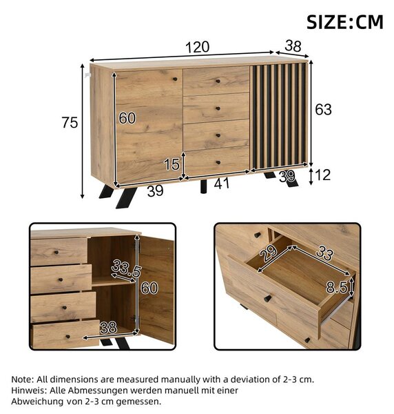 Komoda – Boční komoda – Skříňka – Úložná skříň – Komoda – Moderní design – 4 zásuvky a 2 dveře – 120 x 38 x 75 cm