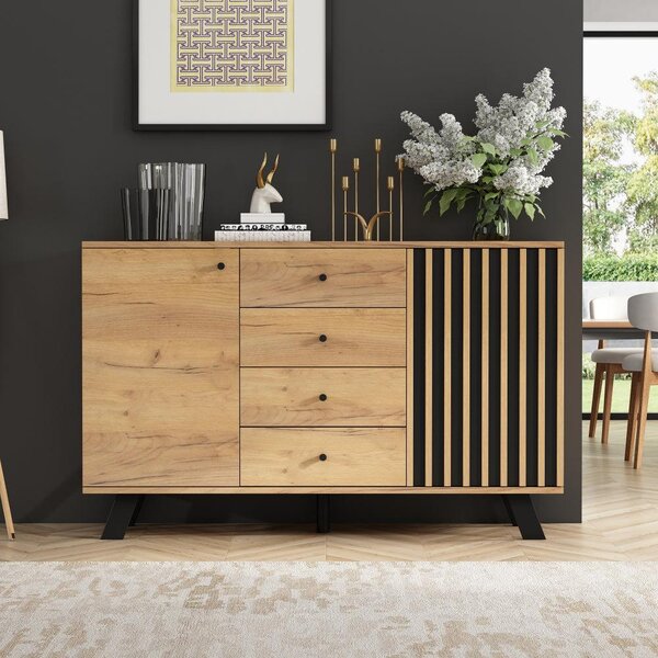 Komoda – Boční komoda – Skříňka – Úložná skříň – Komoda – Moderní design – 4 zásuvky a 2 dveře – 120 x 38 x 75 cm