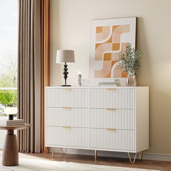 Komoda - 6 zásuvek - Bílá barva - Moderní design - Masivní dřevo