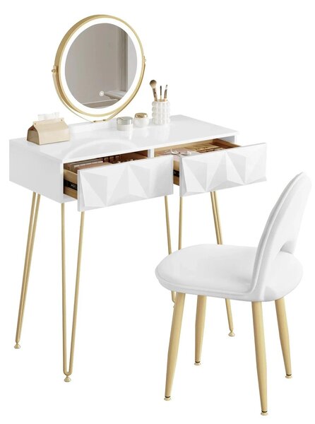 Kosmetický stolek se 3úrovňovým nastavitelným LED zrcadlem a sametovou židlí - 80x40 cm - Toaletní stolek do ložnice
