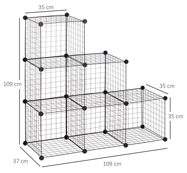 HOMCOM Drátová police, regálový systém se 6 kostkami, DIY úložný systém z drátů, regálová jednotka do obývacího pokoje a ložnice, černá, 109 x 37 x 10