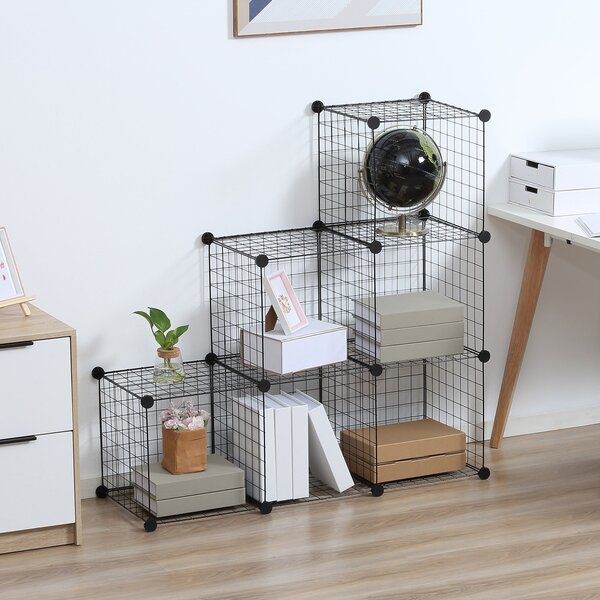 HOMCOM Drátová police, regálový systém se 6 kostkami, DIY úložný systém z drátů, regálová jednotka do obývacího pokoje a ložnice, černá, 109 x 37 x 10