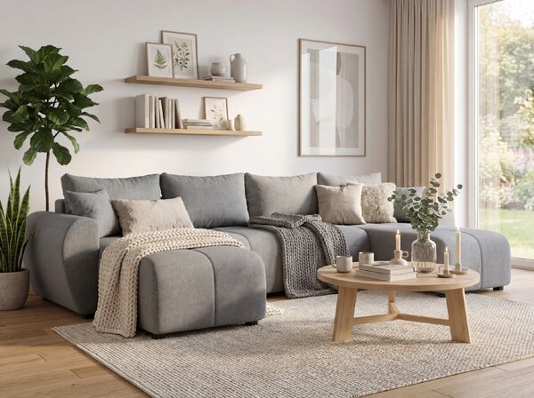 Rozkládací oboustranná sedací souprava do U SEVIO 311x145 cm, šedá + 2 polštářky ZDARMA