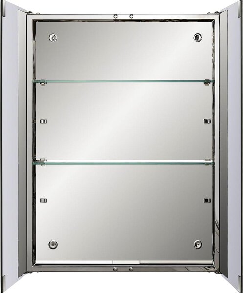 Zrcadlová skříňka do koupelny z nerezové oceli s dvojitými dvířky, nastavitelnými policemi z tvrzeného skla, určená k montáži na stěnu, rozměry 50 cm (šířka) x 65 cm (výška), s povrchem zrcadla