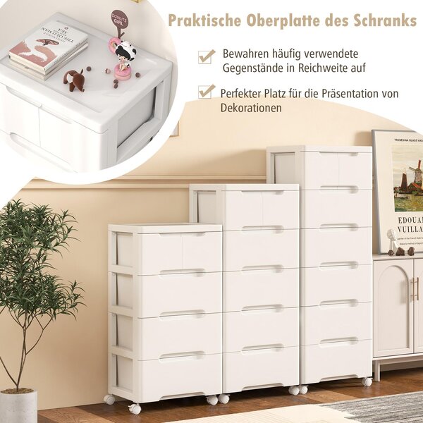 Komoda se 6 zásuvkami, pojízdný úložný box se 4 kolečky a zásuvkami různých velikostí, se zapuštěnými úchyty, bílá barva