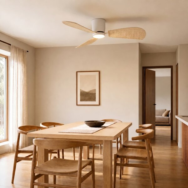 Stropní ventilátor Faipari s LED osvětlením, bílý/ratan, 132 cm, DC – Lucande Lucande, Faipari, Dřevo, Obývací pokoj, Dřevo, Moderní