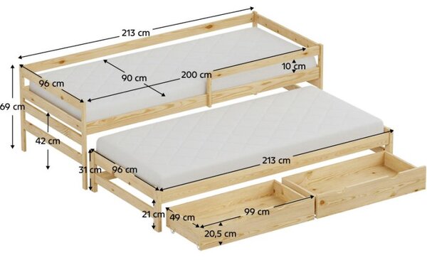 Kondela Postel s přistýlkou a úložným prostorem, 90x200, přírodní, ELARA