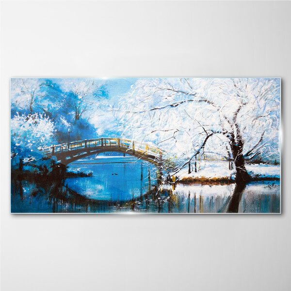 Obraz na skle Obraz na skle Zimní říční strom most