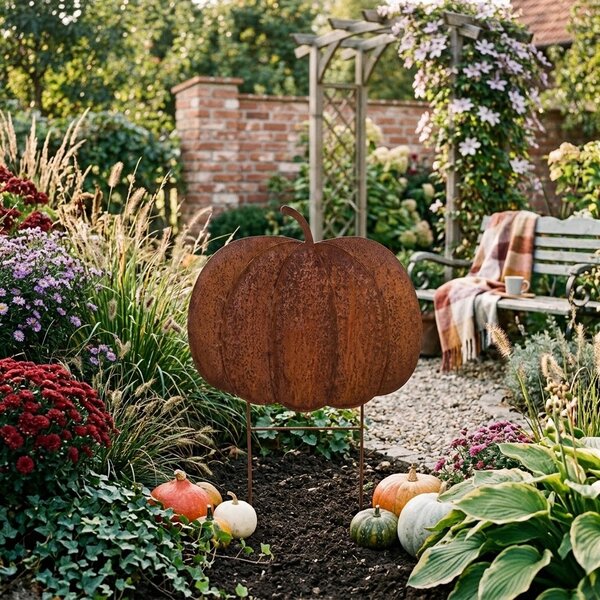 Velký kovový zahradní zápich dýně Pumpkin Rust - 77*3*93 cm - Clayre & Eef