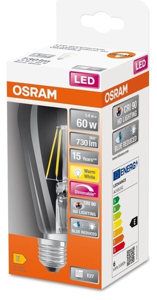 LED žárovka s redukcí modrého světla E27 5,8 W EDISON, teplá bílá