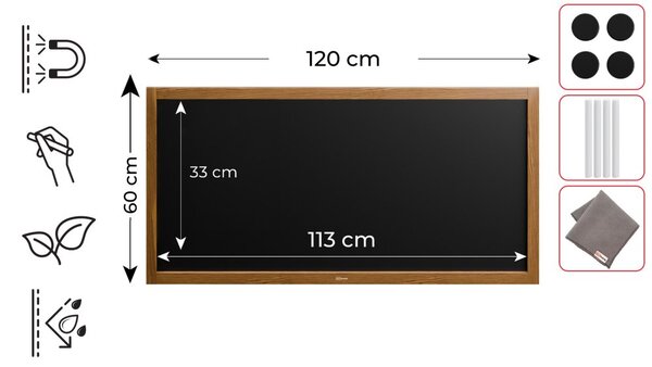 Voděodolná magnetická křídová tabule 120 × 60 cm v dřevěném rámu KLASICKÁ HNĚDÁ, MTB126