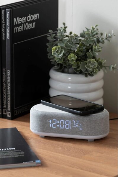 Stolní hodiny s budíkem, nabíječkou smartphonů a Bluetooth reproduktorem 6033GY Karlsson 20cm