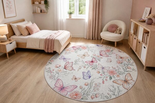 Dětský koberec protiskluzový BAMBINO 61450 krémový / růžový kruh