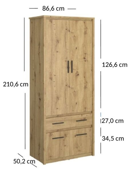 Skříň čtyřdveřová se zásuvkou Ayson 86x210x50 cm Dub artisan
