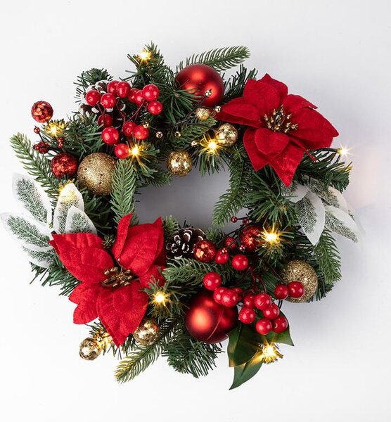 Vánoční věnec POINSETTIA s LED osvětlením, 30 cm