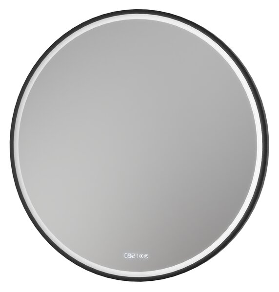 LED osvětlené zrcadlo 8232-2.0 kulaté s pískováním včetně vyhřívání zrcadla, nastavení teplého/studeného světla a digitálních hodin - černý rám - volitelná velikost