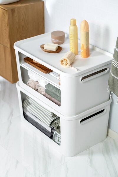 SMARTSTORE Úložný box s otevřenou přední hranou, MODULE, s víkem, bílý - 59,5 × 39,5 × 30 cm