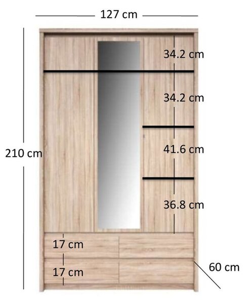 Skříň třídveřová se zrcadlem a zásuvkami Norton 127x210x60 cm Dub sonoma