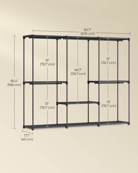 SONGMICS Otevřená šatní skříň skládací 205 x 166 x 43 cm černá