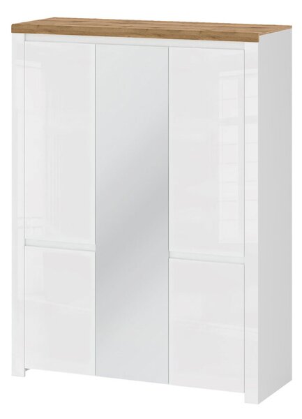 Skříň pětidveřová se zrcadlem Vigo 150x202x56 cm Bílý lesk / Dub wotan