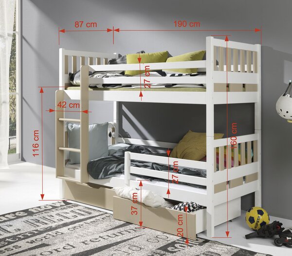 Patrová postel s úložným prostorem 80x180 RETRIA 1 - bílá / cappuccino, pravé provedení