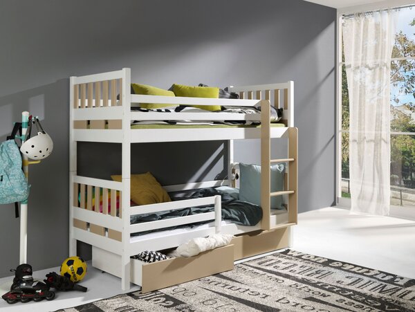 Patrová postel s úložným prostorem 90x190 RETRIA 1 - bílá / cappuccino, pravé provedení