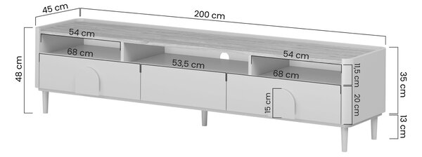 TV stolek Amilio 200 cm na nožkách - eukalyptus / dub baltic dune / úchytky dub přírodní