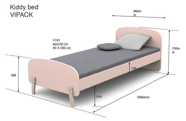 Růžová lakovaná dětská postel Vipack Kiddy 90x200 cm