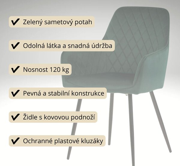 Vikio Jídelní set pro 6 osob 180x90 cm dub noha U zelená židle s područkami VJS168-6Z