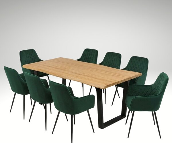 Vikio Jídelní set pro 8 osob 180x90 cm dub noha U zelená židle s područkami VJS168-8Z