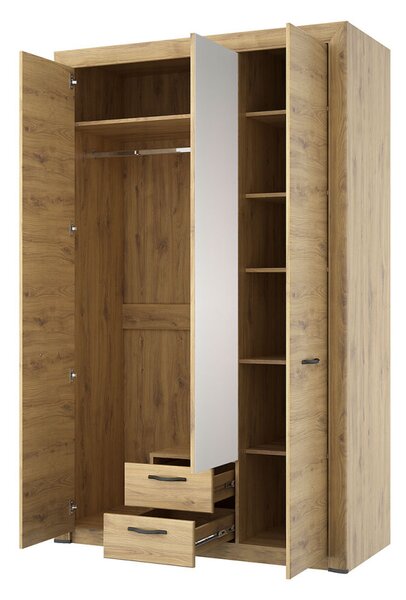 Skříň třídveřová se zrcadlem a zásuvkami Sapori 135.8x217.1x60.3 cm Dub navarra