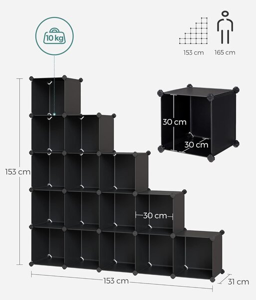 SONGMICS Plastový botník variabilní 16 boxů 30 x 30 cm černá