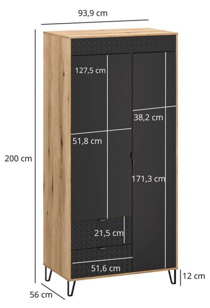 Skříň dvoudveřová se zásuvkami Bellano 93.9x200x56 cm Dub evoke / Černá