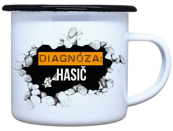 Smaltovaný plecháček s potiskem diagnóza hasič, 330 ml