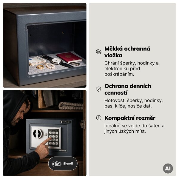 Mini domácí elektronický trezor na kód, na peníze a šperky, 230x170x170 mm: HECTOR