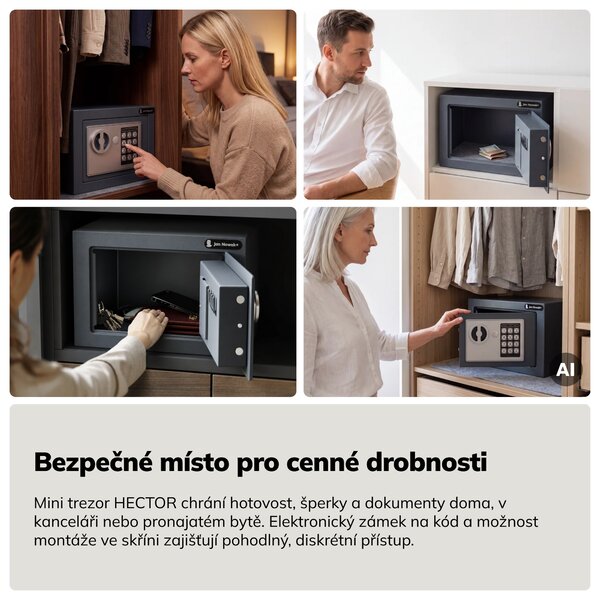 Mini domácí elektronický trezor na kód, na peníze a šperky, 230x170x170 mm: HECTOR
