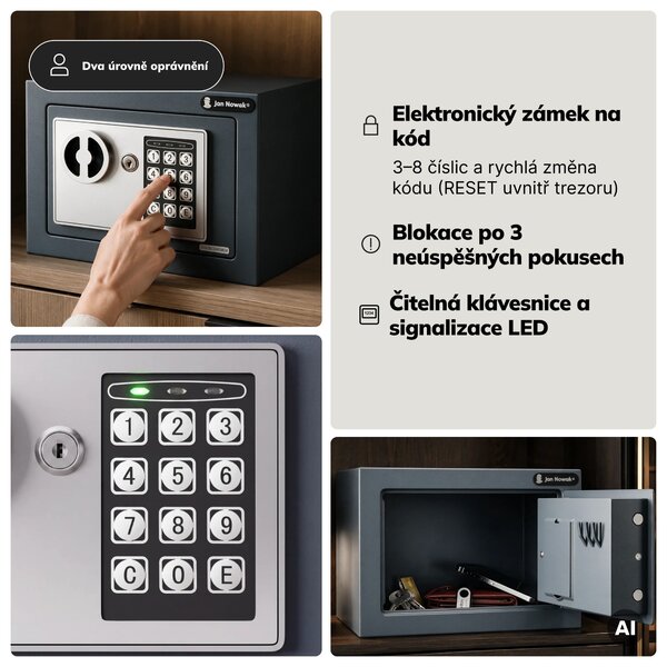 Mini domácí elektronický trezor na kód, na peníze a šperky, 230x170x170 mm: HECTOR