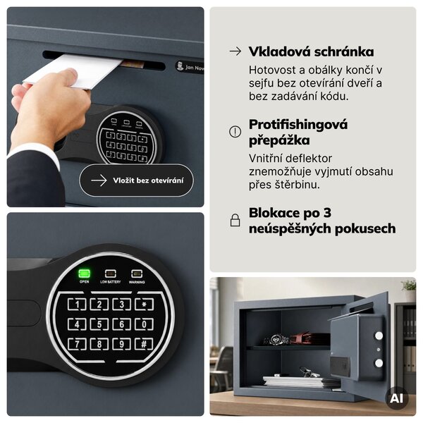 Malý vhazovací trezor na kód, elektronický, na tržbu a obálky, 350x250x250 mm: PIERCE