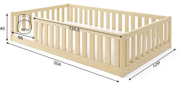 Dětská Montessori postel z masivu borovice BELLA 200x120 cm - bez povrchových úprav