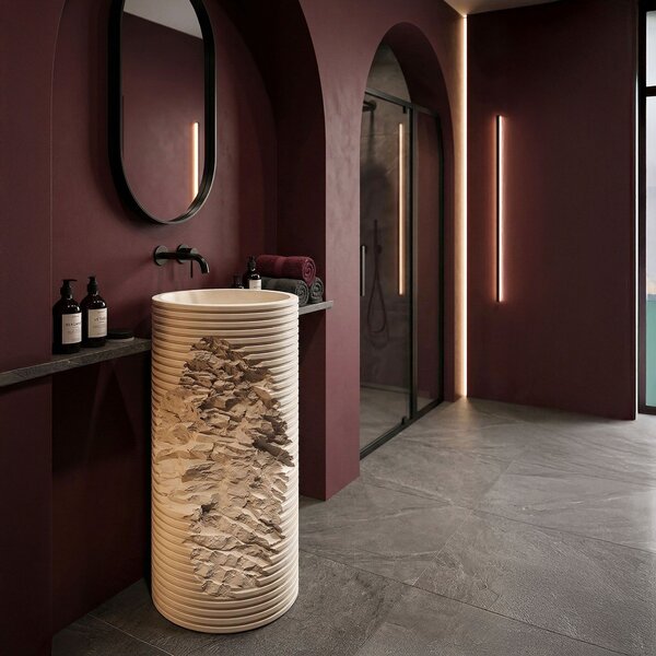 Rea Travena Round, volně stojící umyvadlo 410x410x860 mm, béžová-imitace kamene, REA-U3533