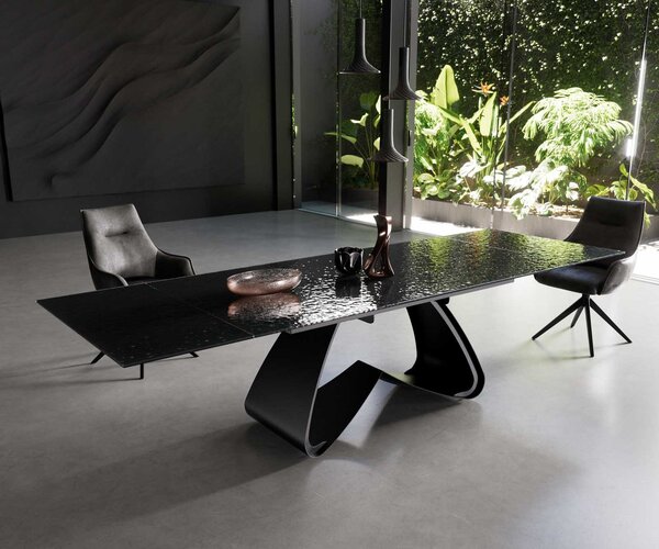 DELIFE Jídelní stůl Edge 200-300x100 sklo s reliéfem kouřově černé 3D design podnož ve tvaru W černá rozkládací