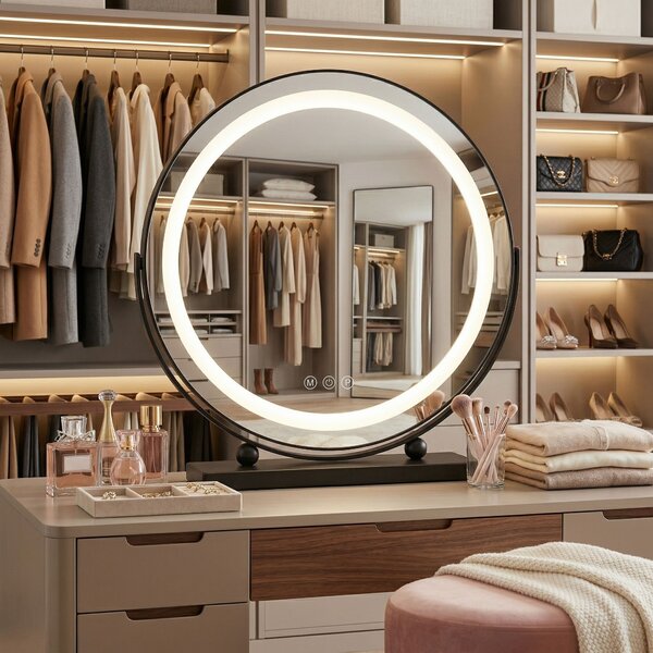 Rea MAKE-UP, kosmetické LED zrcadlo 40 cm v černém rámu k postavení, HOM-12020