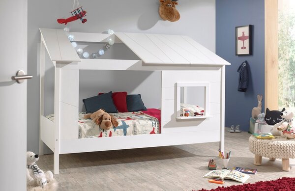 Bílá dřevěná dětská postel Vipack Housebed 90 x 200 cm s otevřenou střechou