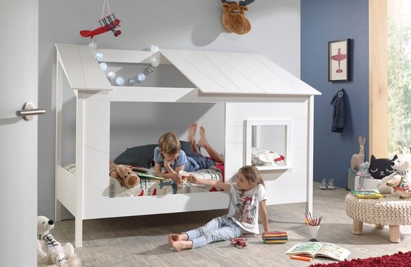 Bílá dřevěná dětská postel Vipack Housebed 90 x 200 cm s otevřenou střechou
