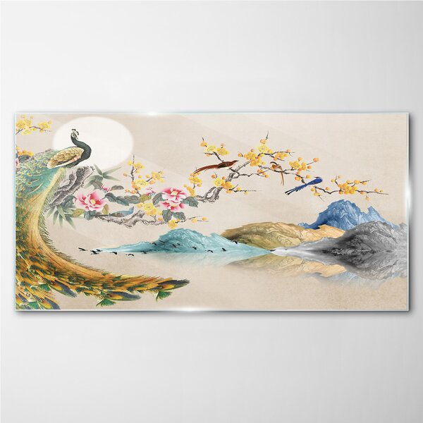 Obraz na skle Obraz na skle Abstrakce hory páv květiny