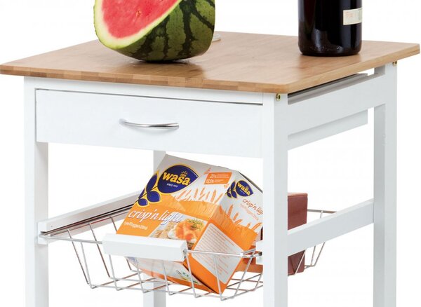 Servírovací stolek / regál, deska masiv bambus, MDF, bílý matný lak, pojezd