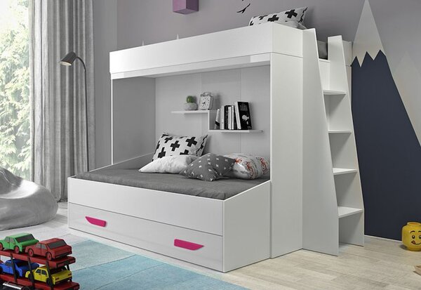 Dětská patrová postel AKTION 17, 230x165x135, bílá/bílá lesk/růžové úchyty