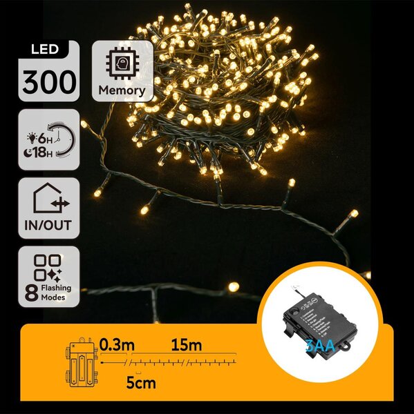 Aigostar-LED Venkovní řetěz 300xLED/8 funkcí 3xAA 15,3m IP44 teplá bílá