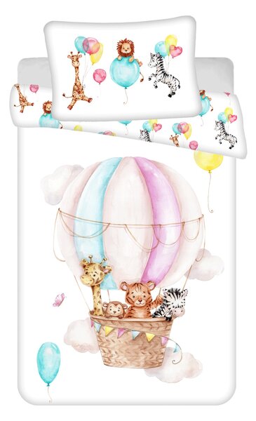 Bavlněné povlečení do postýlky s jemným motivem zvířátek v létacím balónu. Rozměr povlečení je 100x135, 40x60 cm